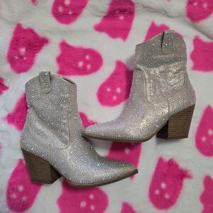 Sparkle Western Ankle Boots-6.5 - Silver Rhinestone